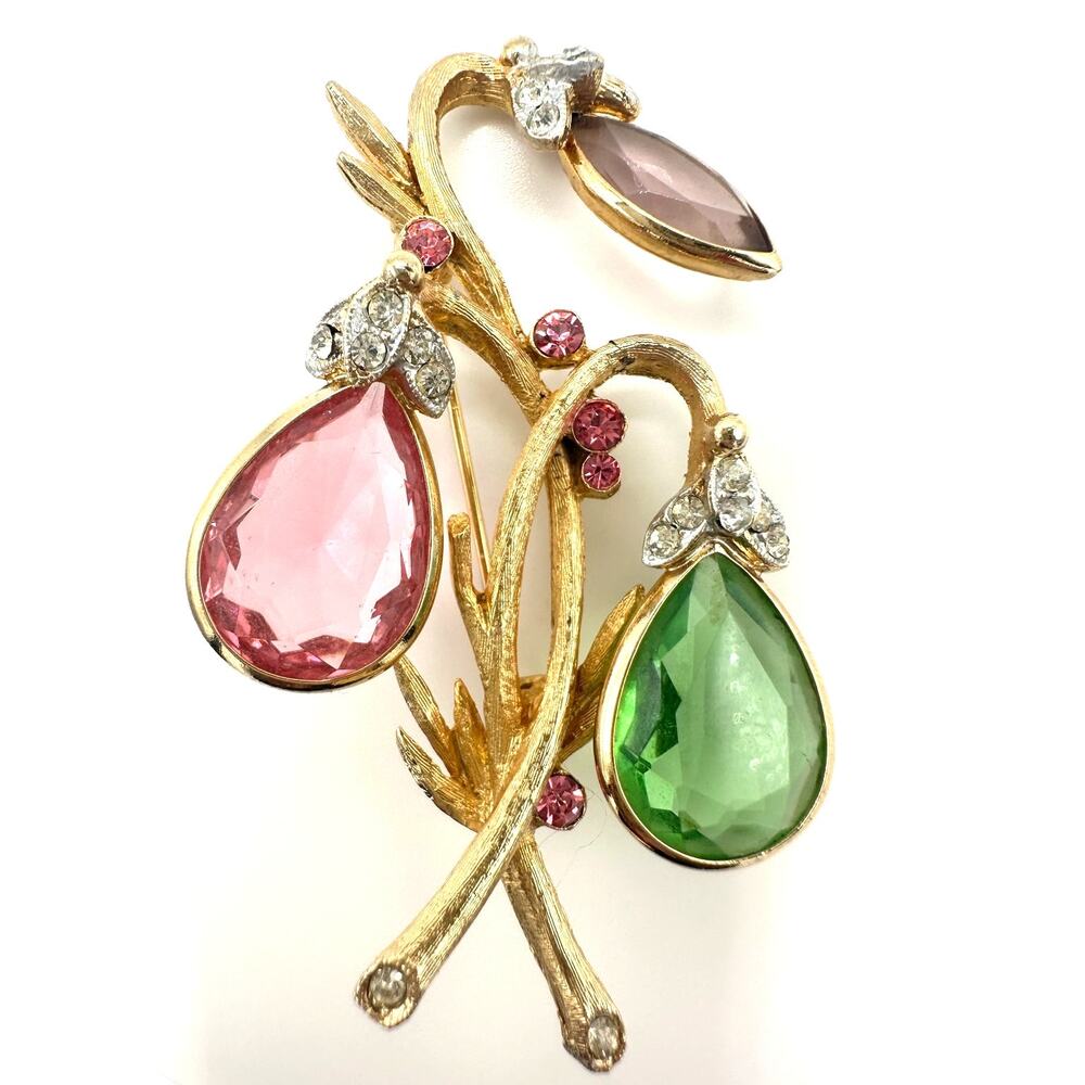 BSK vintage gold tone multicolor large rhinestones floral bouquet brooch